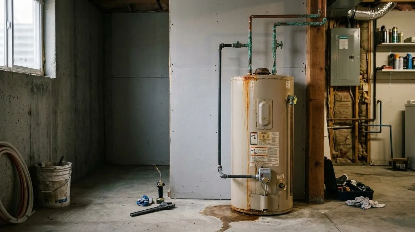 The SAME photograph with only this changed: the tank is an old tan water heater with orange rust streaks running down from the fittings, gre