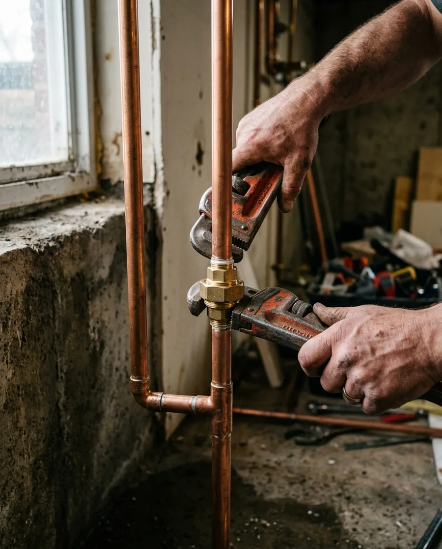 Tight portrait crop of two hands with a pair of pipe wrenches snugging a brass union on a new copper line, knuckles scuffed, soft window lig