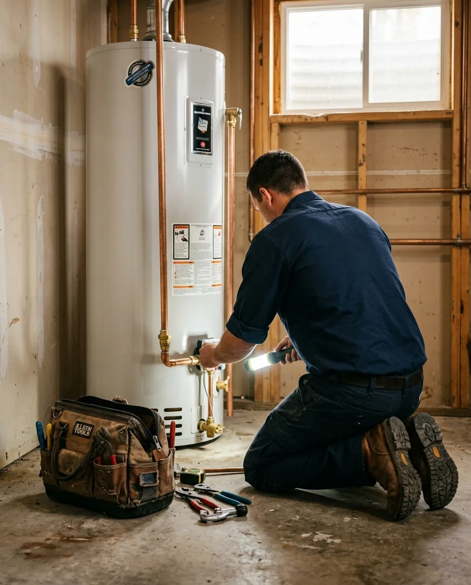 Tall shot from behind of a technician kneeling at the base of a new white water heater, flashlight pointed at the dry floor and the new bras