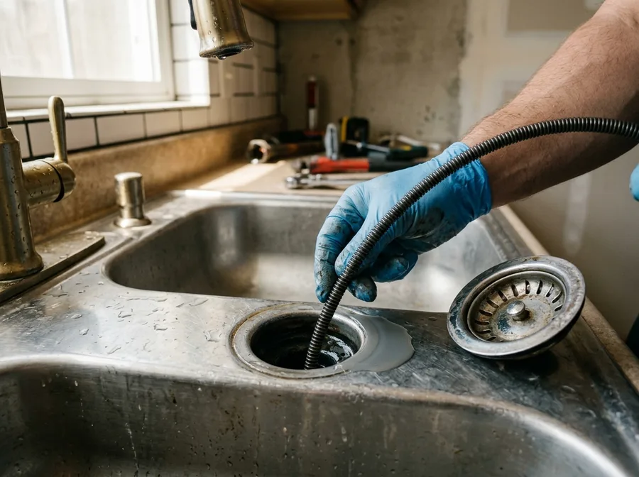 Detail: a gloved hand feeding a steel drain cable into an open kitchen sink drain, basket strainer set aside on the steel sink edge, a bead 