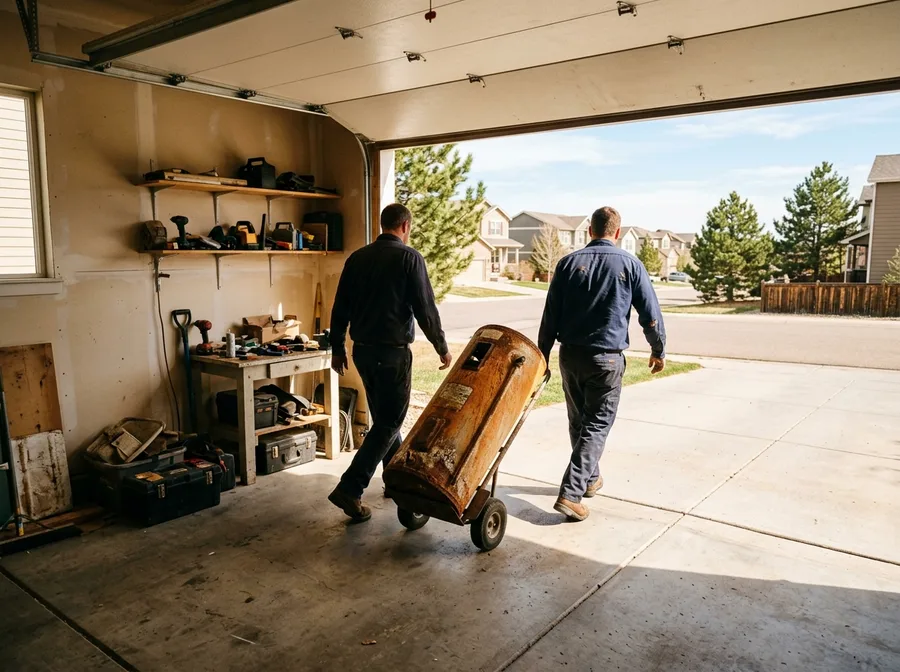 Wide: two workers seen from behind walking an old rusted water heater on a hand truck out through an open garage door, morning light floodin