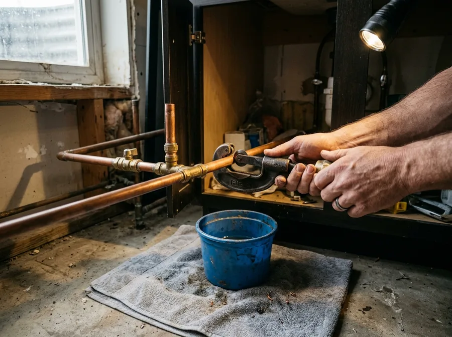 Medium: inside an open under-sink cabinet, hands closing a pipe cutter around a copper line, a folded towel and a small bucket catching drip