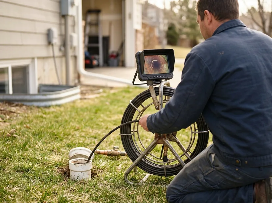 Medium-wide: a person kneeling on a lawn beside an open white sewer cleanout, feeding a push camera cable from a reel, a small monitor propp