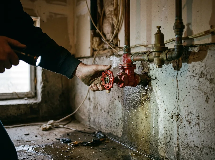 Detail: a hand turning a red main water shutoff valve closed on a basement wall, a wet sheen on the concrete below and a flashlight beam cro